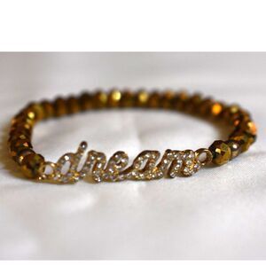 Flashy Rhinestone Accent"Dream" Beveled Gold Tone Beaded 6.5 Stretch Bracelet